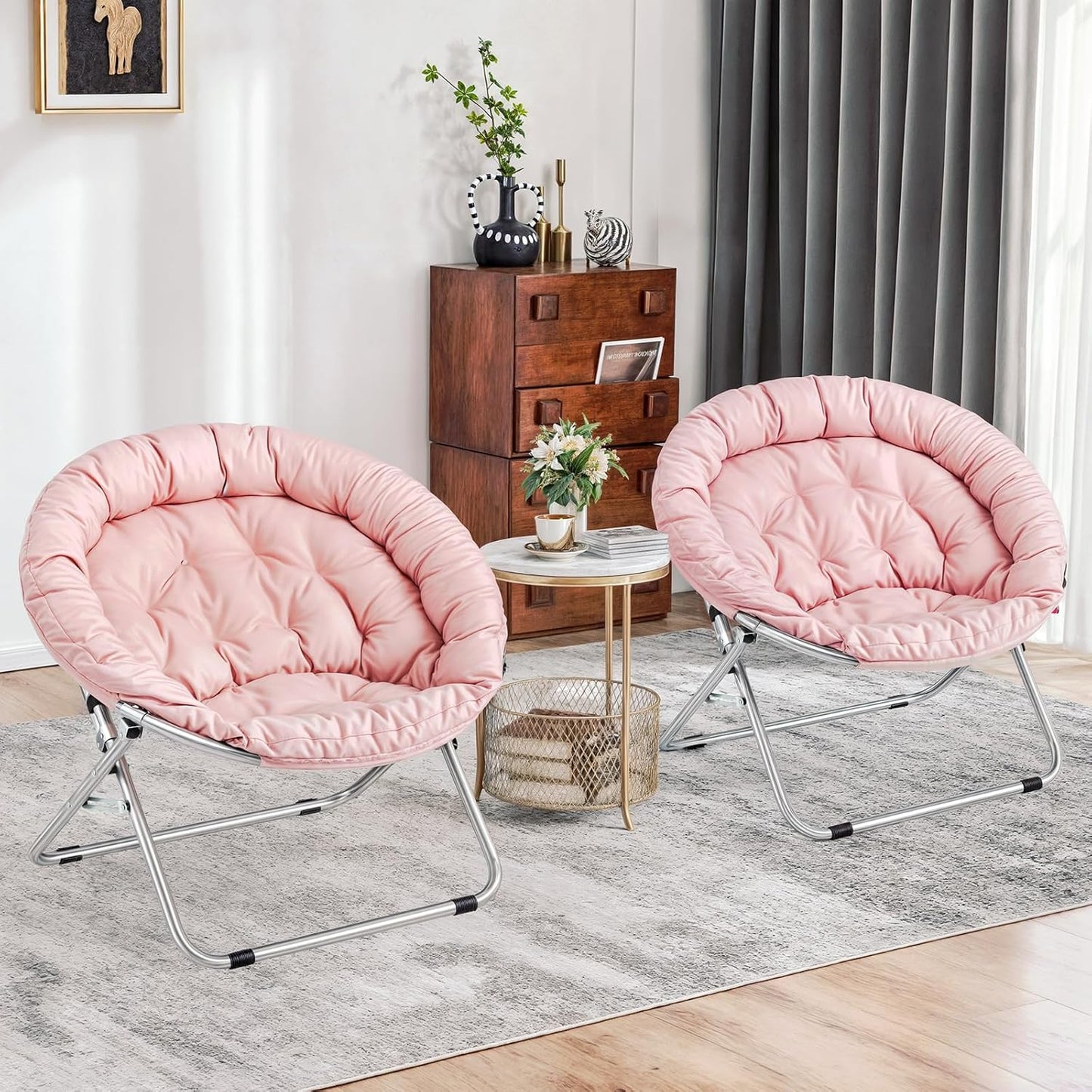 MoNiBloom Round Folding Saucer Chairs Set of 2 for Bedroom Living Room Dorm Foldable Metal Frame Comfy Soft Lounge Lazy Cozy Moon Chairs for Teens (Pink)