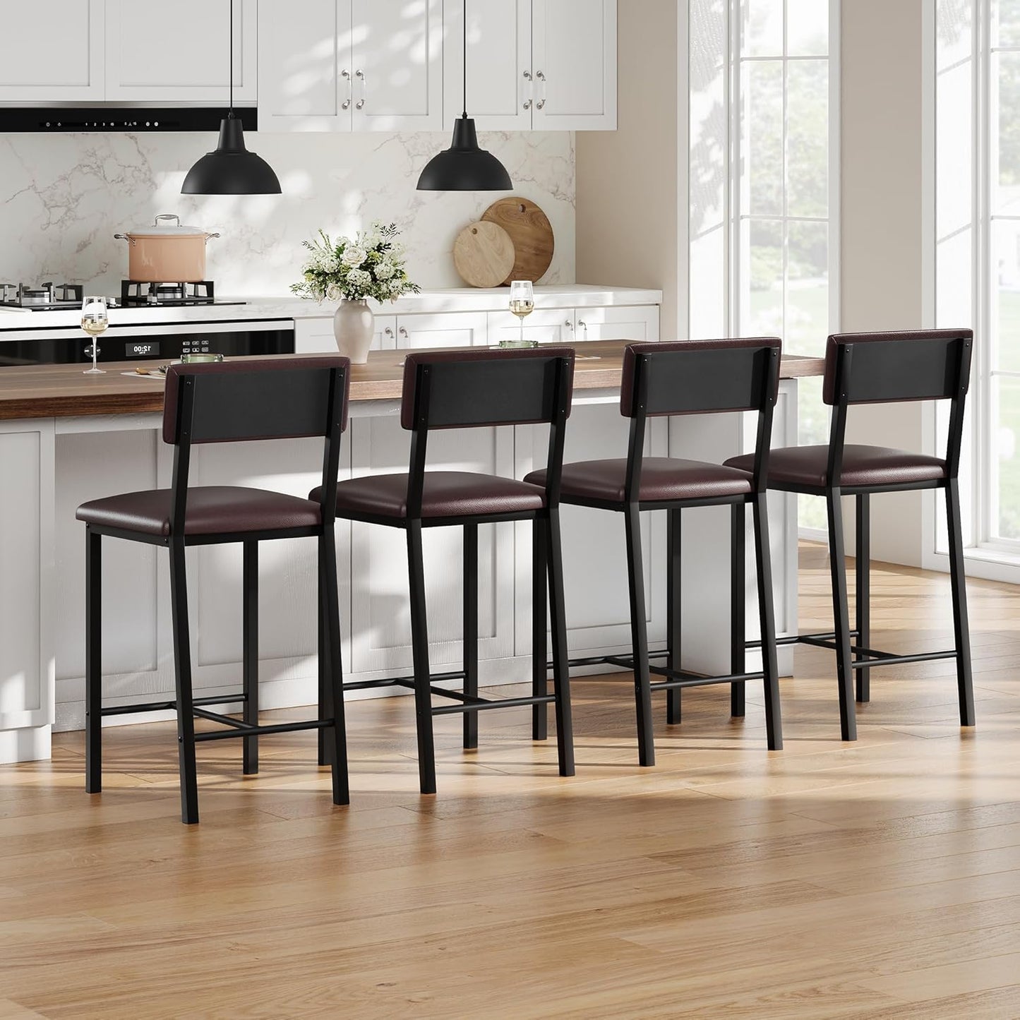 Garvee Bar Stools Set of 4, Kitchen Barstools with Thick Cushion, 25 Inch Counter Height Bar Stools with Backrest and Footrest, for Dining Room, Kitchen Island Counter Chairs, Retro Brown