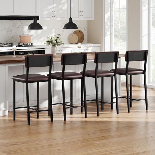 Garvee Bar Stools Set of 4, Kitchen Barstools with Thick Cushion, 25 Inch Counter Height Bar Stools with Backrest and Footrest, for Dining Room, Kitchen Island Counter Chairs, Retro Brown