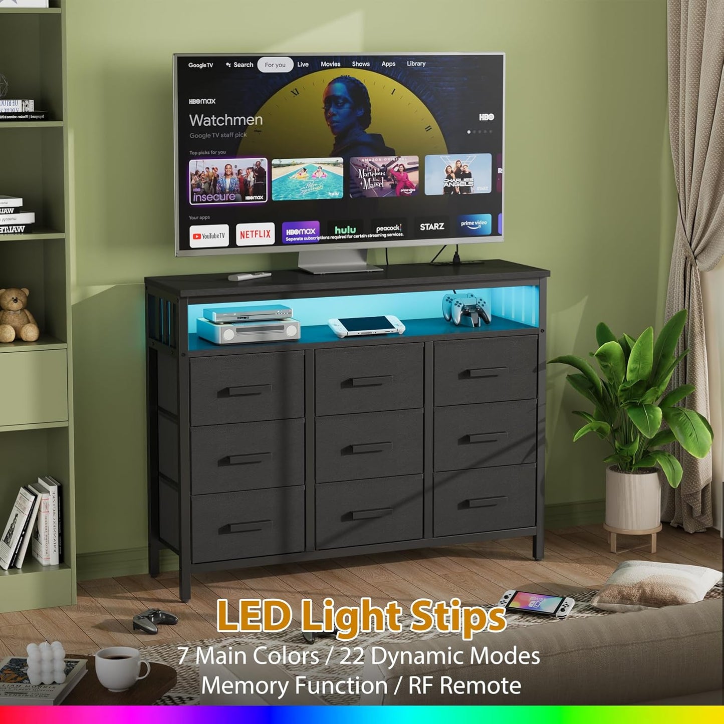 9 Drawer Dresser TV Stand with LED Lights & Power Outlets, Entertainment Center with Open Shelf, Media Console for 50” TV, Large Storage Dresser for Bedroom (Black)