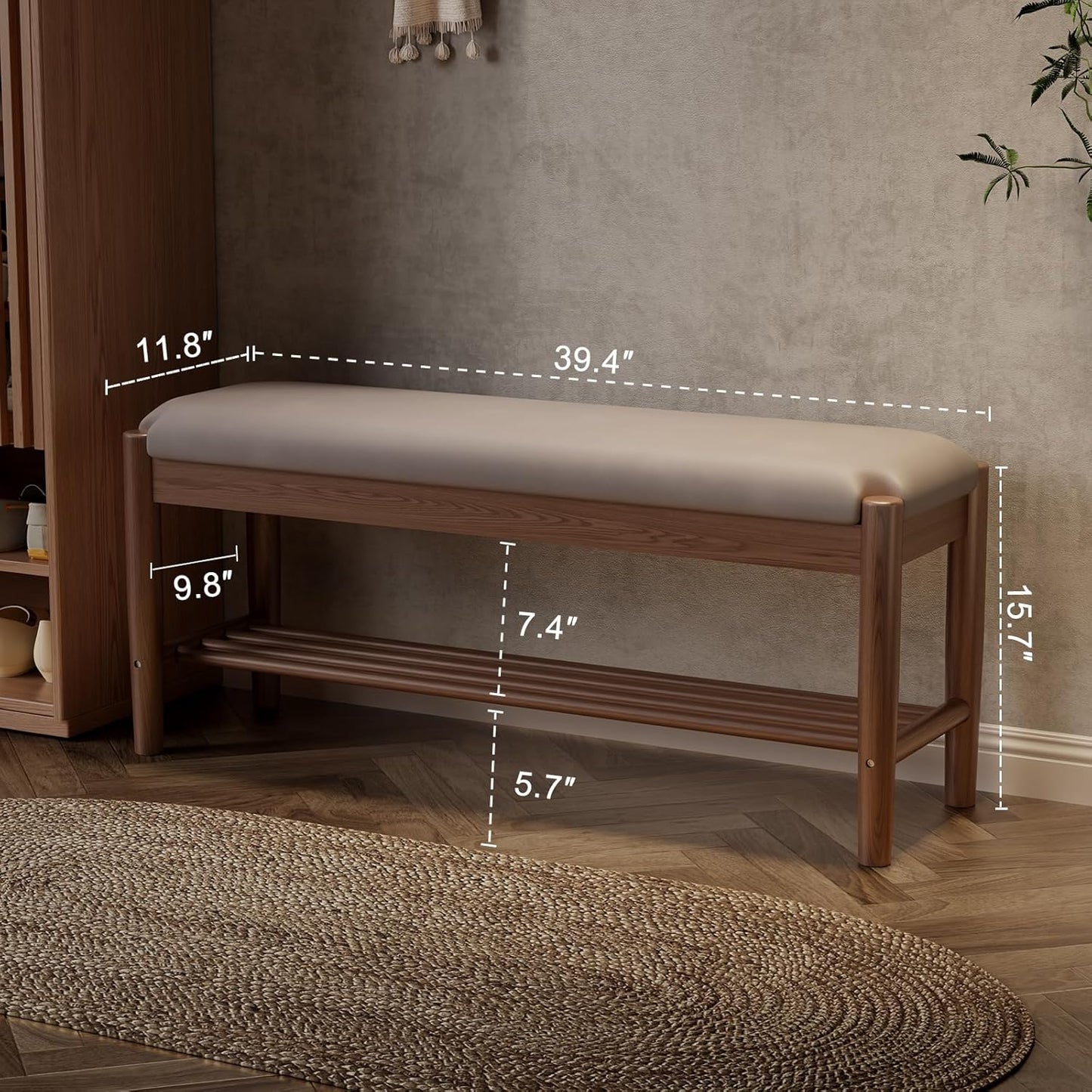 Shoe Bench Entryway with Cushion, Solid Wood Bench with Shoe Storage, 2-Tier Shoe Rack Bench for Entryway,Hallway (Gray)