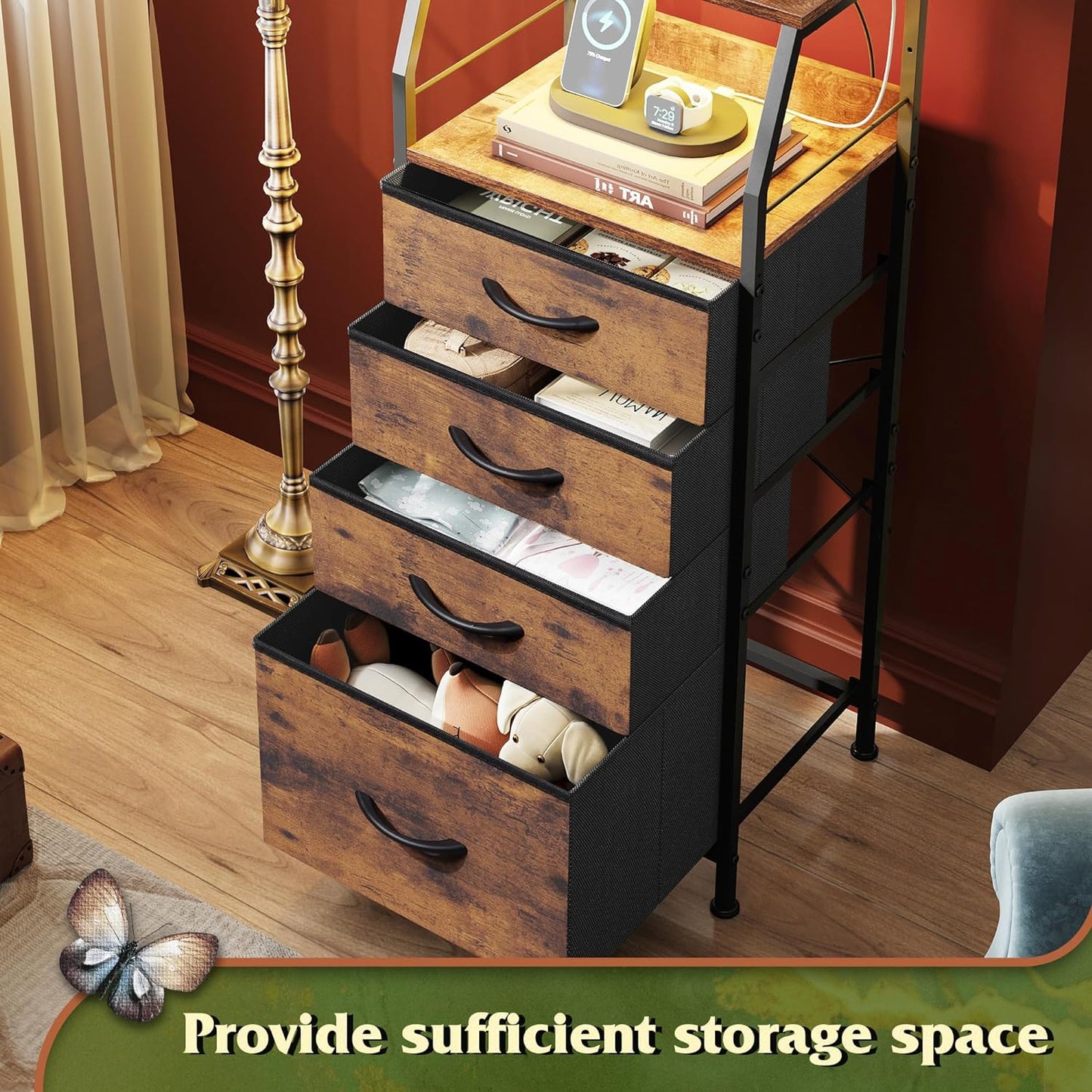 WLIVE 4 Drawer Dresser for Bedroom, 37" H Nightstand with Charging Station and Led Light, Tall Night Stand Bed Side Table, End Table with USB Ports and Outlets, Fabric Bins, Wood Shelf, Rustic Brown