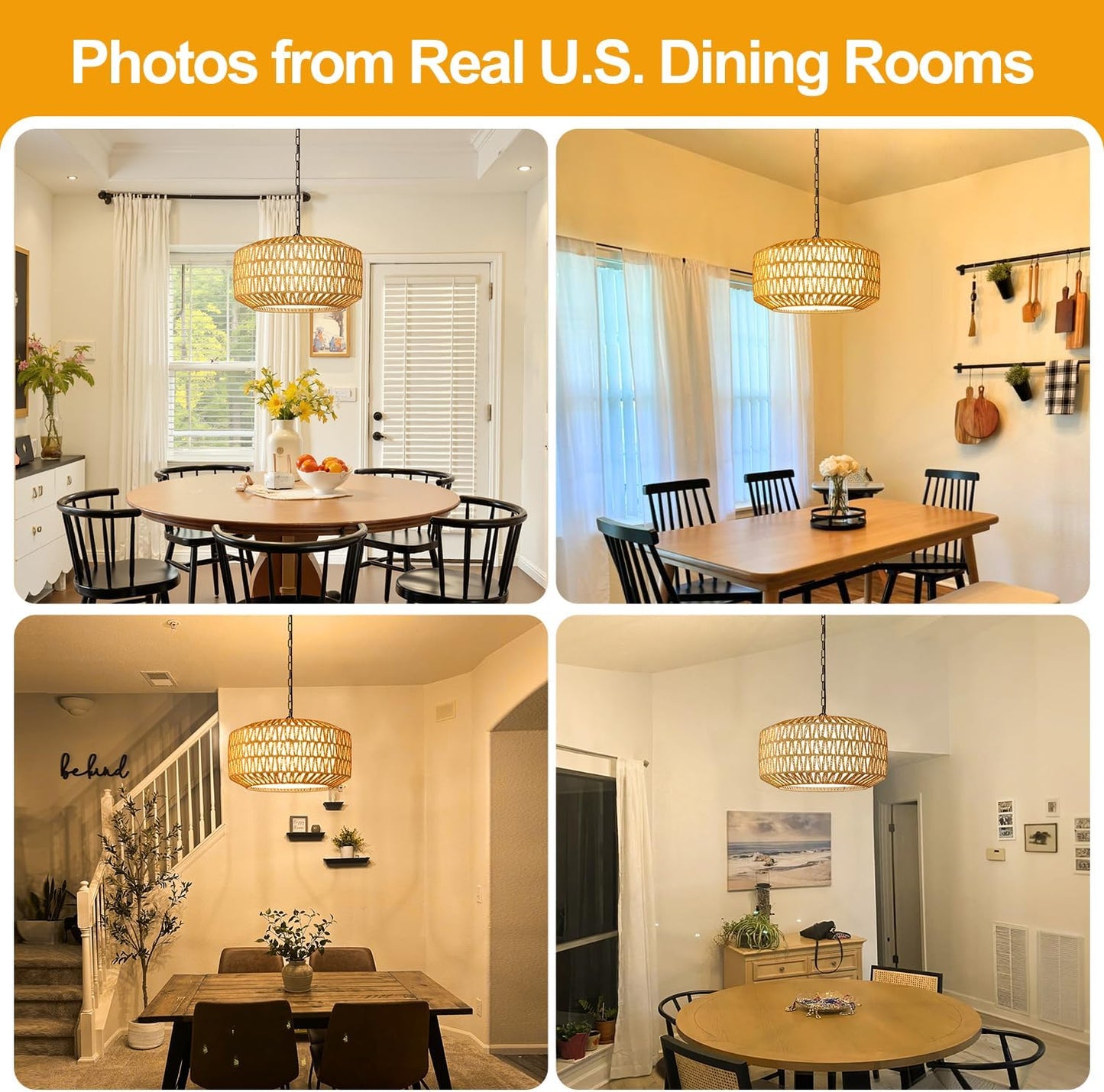 Farmhouse Chandelier Light Fixture, 5-Light Rattan Boho Chandeliers for Dining Room, Hand Woven Pendant Light with Linen Shade, Rustic Hanging Lighting for Kitchen Island, Bedroom (Bulb Not Included)