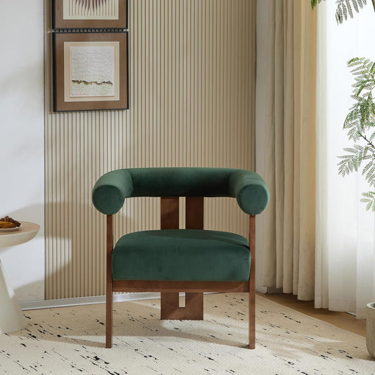 Christopher Knight Home Modern Velvet Upholstered Accent Chair for Living Room, Home Office, Apartment, Arm Chair with Curve Backrest and Birch Wood Legs, Three Legs Structure, Forest Green and Brown