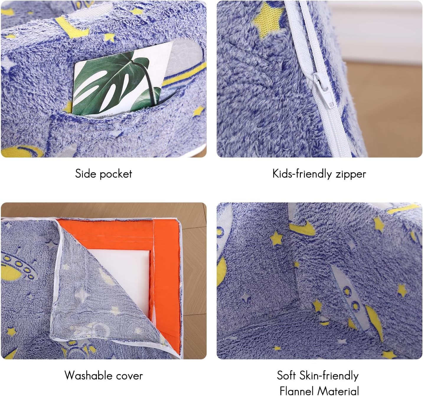 Foldable Kids Sofa,Soft Kids Fold Out Couch Glow in The Dark,Convertible Sofa to Lounger Toddler Sofa Chair(Space