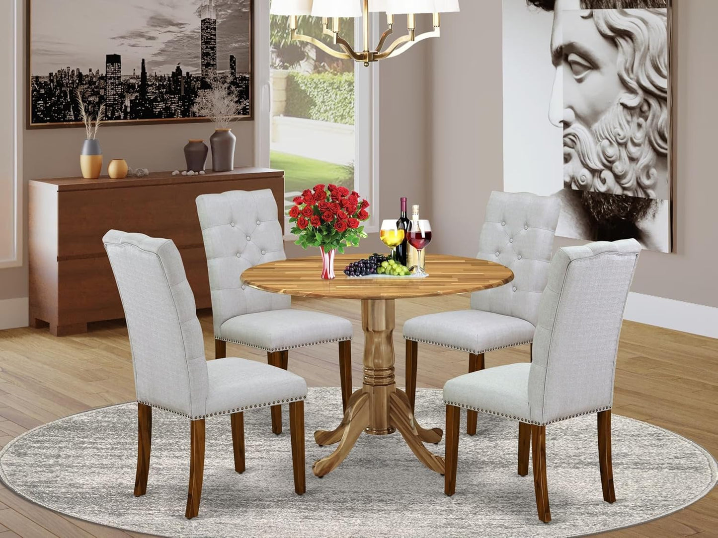 East West Furniture DLEL5-ANA-05 5 Piece Dinette Set for 4 Includes a Round Dining Room Table with Dropleaf and 4 Grey Linen Fabric Upholstered Parson Chairs, 42x42 Inch, Natural