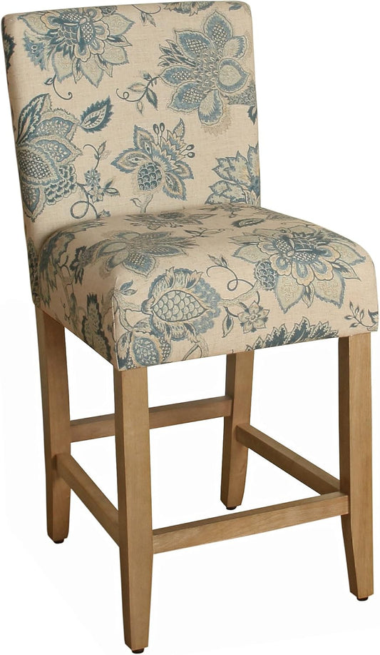 HomePop Upholstered Counter Height Barstool, 24-inch, Blue and Tan Jacobean