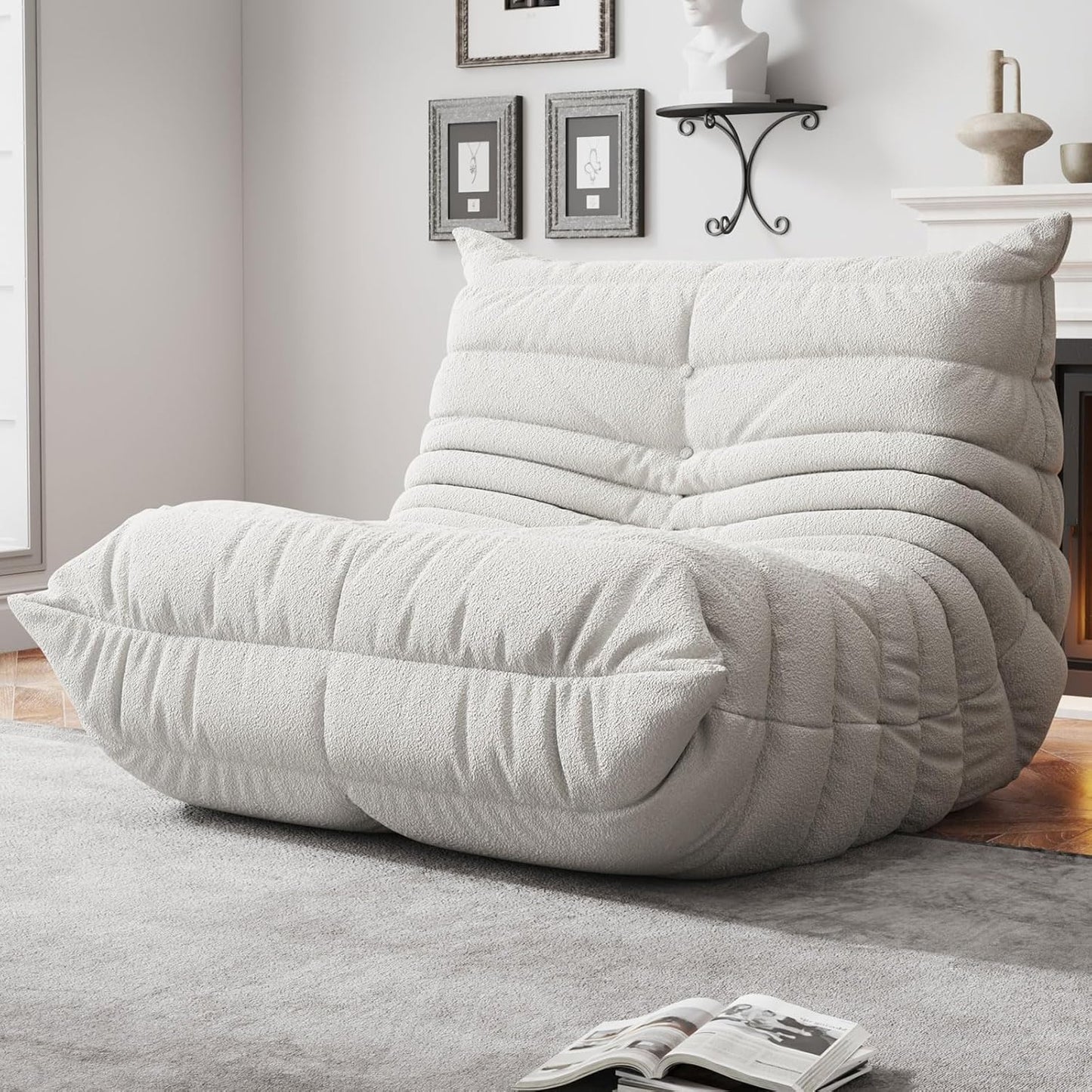 Bean Bag Chairs for Adults, BeanBag Reading Chair Memory Foam Couch, Floor Chair Soft Teddy Material, Comfy Reading Nook Chairs for Bedroom Living Room Office (White)