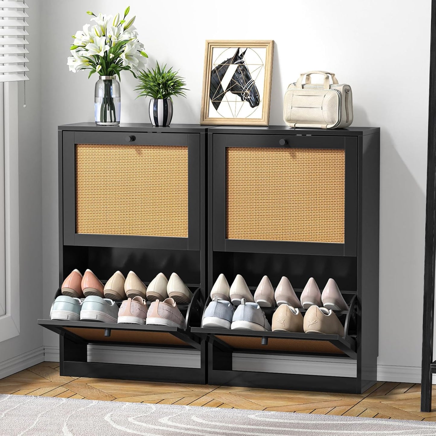 Rattan Shoe Cabinet for Entryway Slim, Entrance Shoe Cabinet with Flip Drawers Narrow, 2 Tier Hidden Shoe Organizer for Foyer, Dorm, Small Space, Black