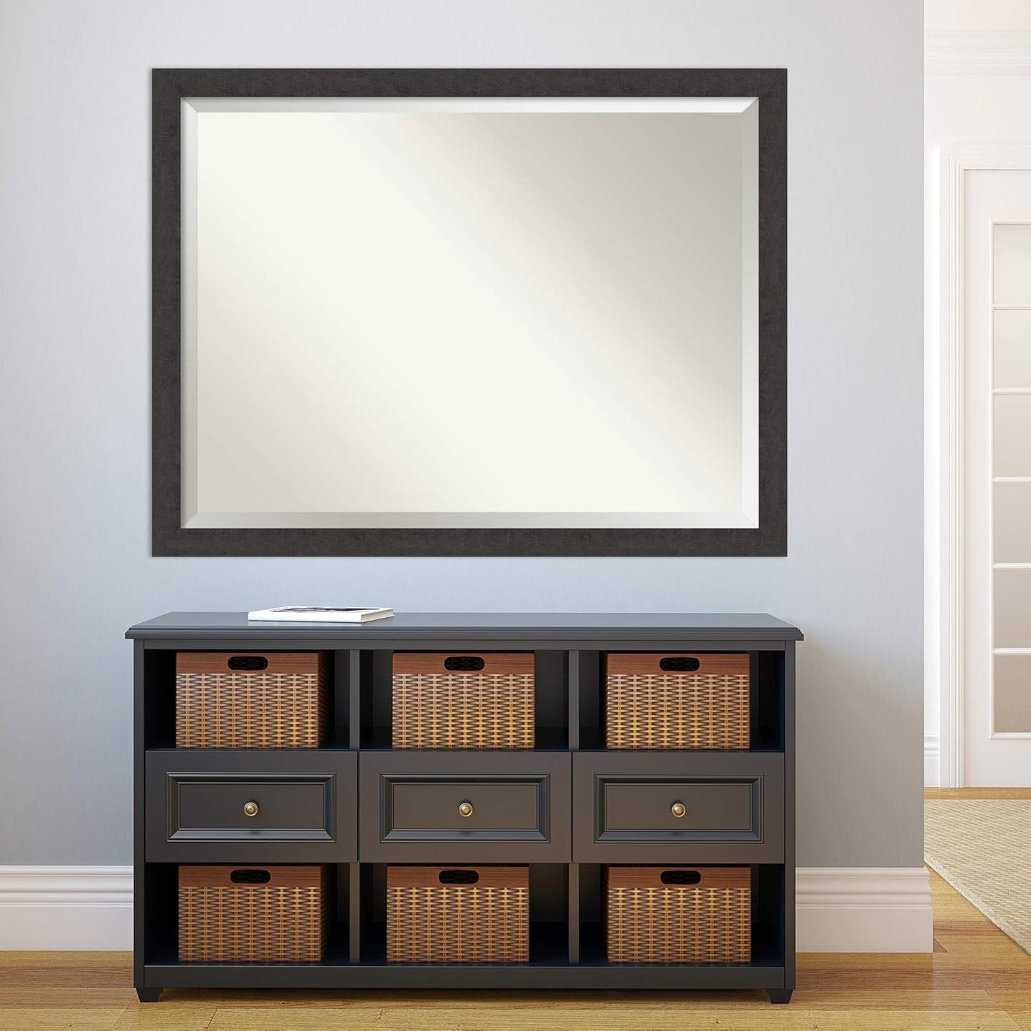 Amanti Art Brown Bathroom Mirror for Over Sink, 34x44 Rustic Plank Espresso Narrow Rectangle Vanity Mirror, X-Large Rustic Farmhouse Frame, Hangs Horizonally and Vertically, Bathroom Wall Decor