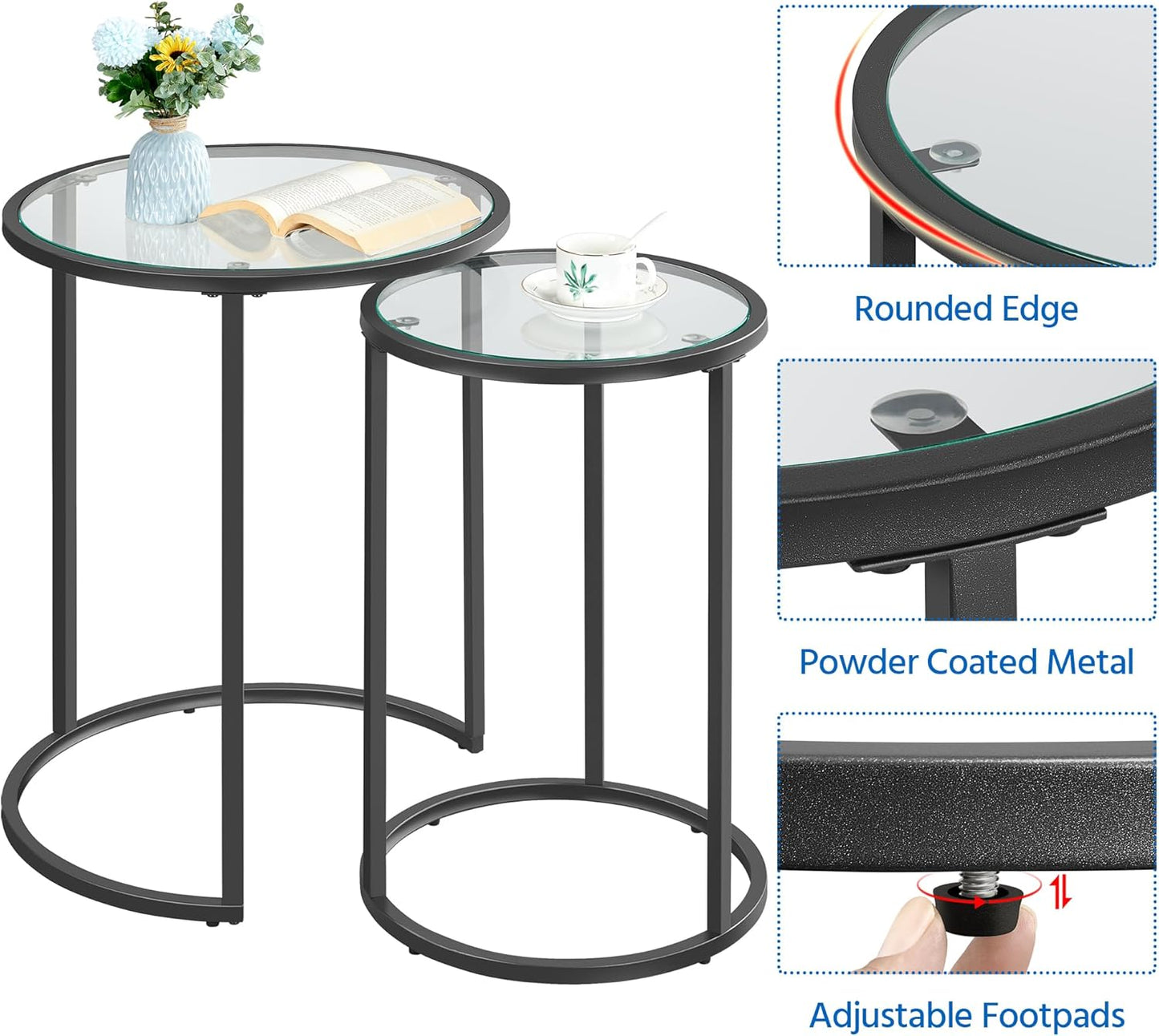 Yaheetech Round Nesting End Table Set of 2,Stacking Side Tables,Coffee Tables Set w/Metal Frame & Glass Top & Protective Foot Pads for Small Space, Living Room, Office- Black
