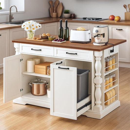 YITAHOME Americana Kitchen Island with Drop Leaf & Power Outlet, 47.6 inch Mobile Butcher Block Island Cart, Pull-Out Trash Can Storage, 3-Tier Spice Rack, White and Walnut