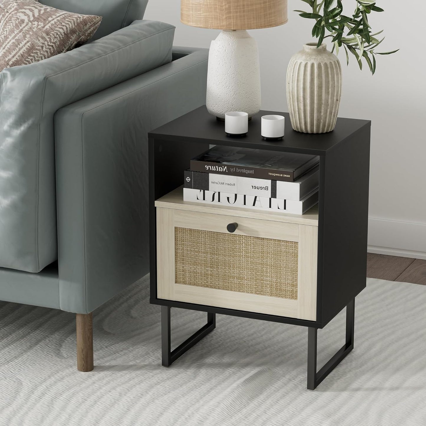 Masupu Boho Night Stand, Small Rattan Side Table, Wood Nightstand with Drawer and White Oak Shelf, Bedside Table, End Table for Bedroom,Living Room,Office (Black Frame)