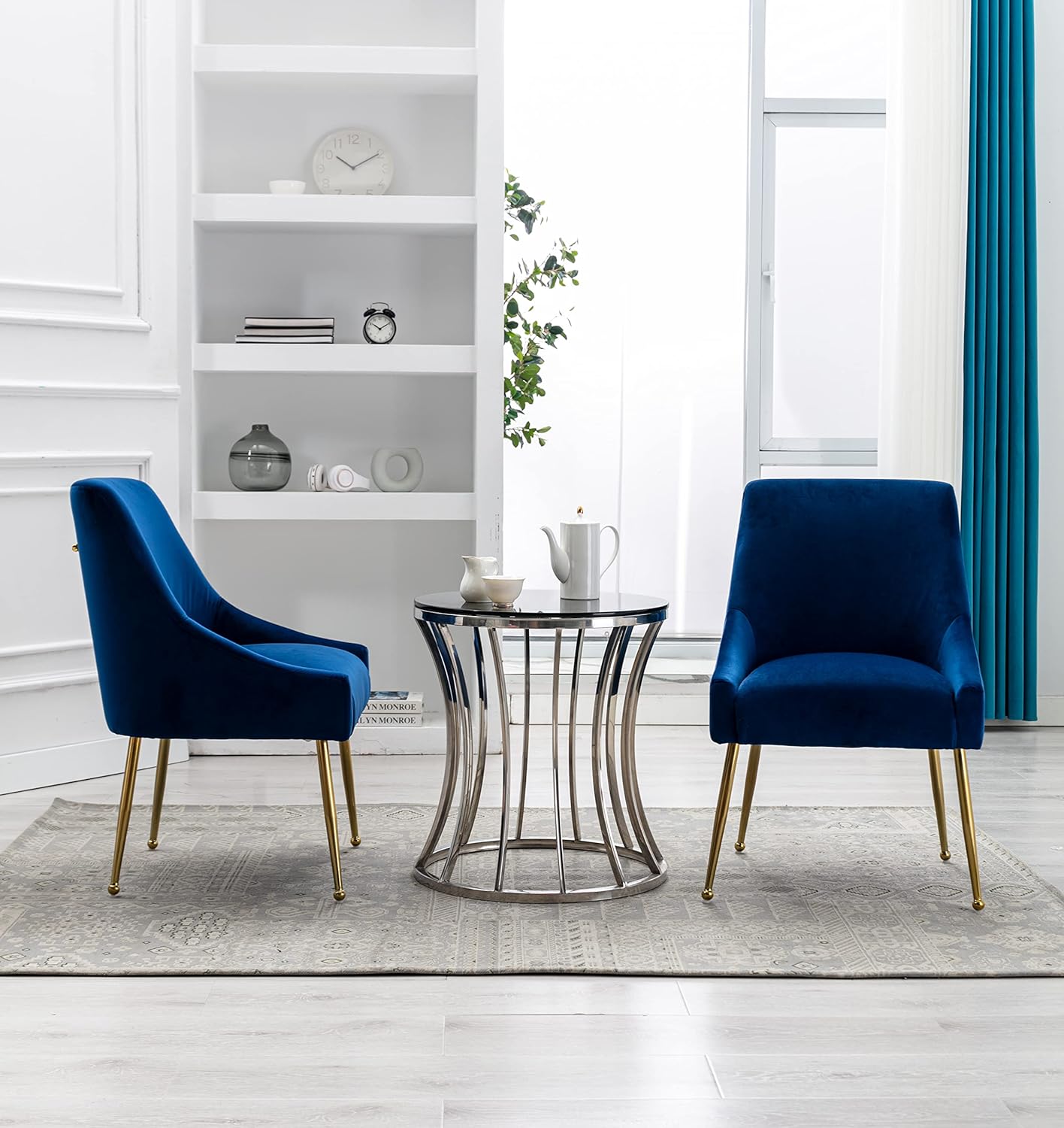 Velvet Dining Chairs, Furniture Collection Modern Contemporary Upholstered with Polished Gold Metal Legs, Set of 4(Blue)