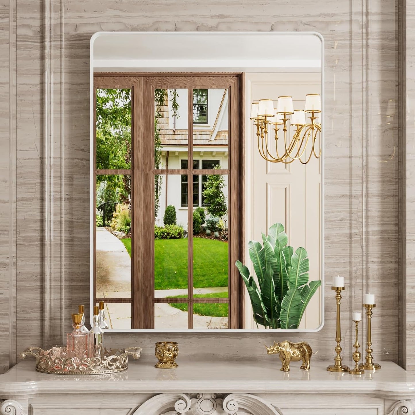 White Bathroom Mirror 28x36 Inch, White Metal Framed Bathroom Mirror for Wall, Rounded Rectangle Matte Bathroom Vanity Mirror, Tempered Glass, Anti-Rust, Horizontal/Vertical