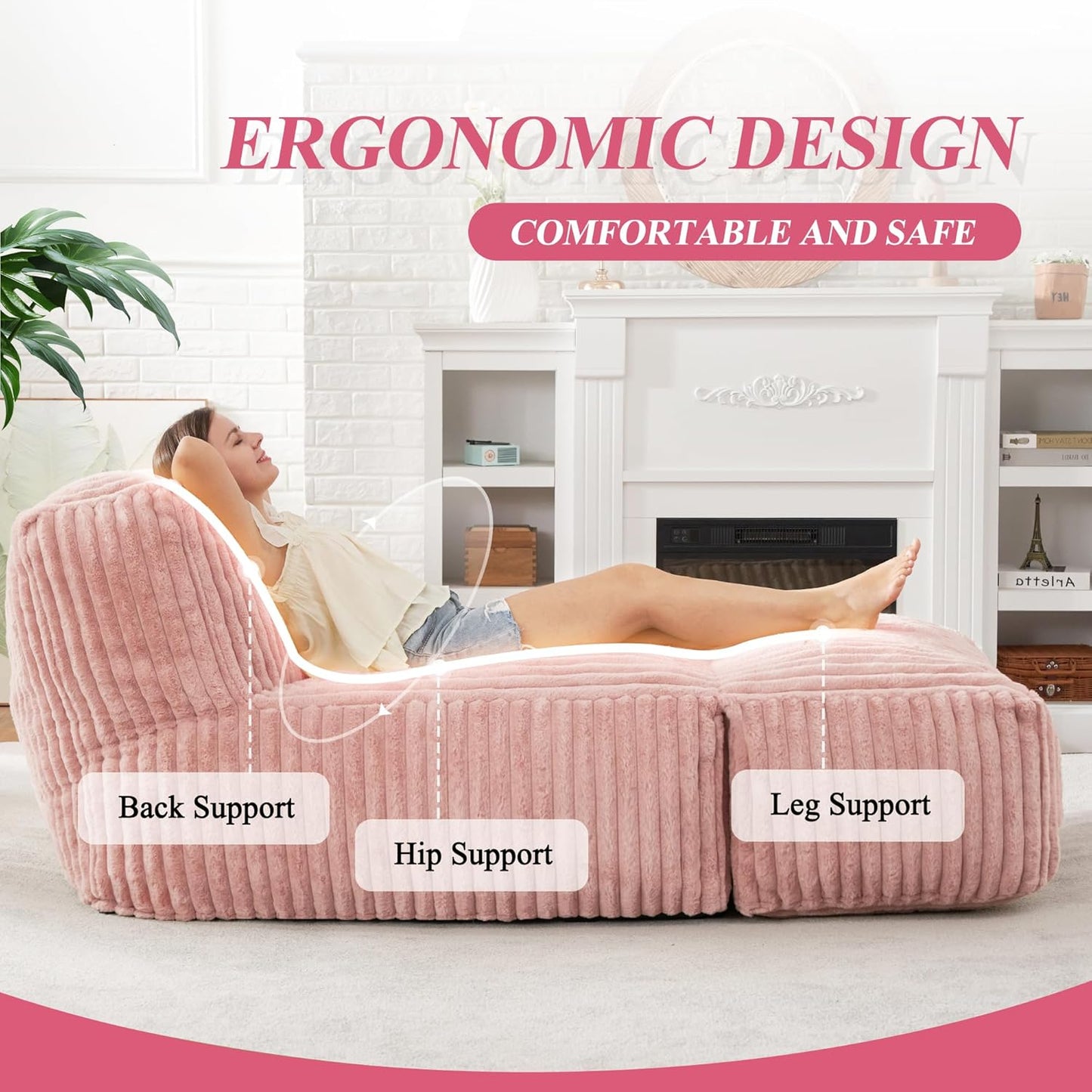 Hobestluk Big Bean Bag Lounger Chairs Large Beanbag Chair for Adults Bean Bag Sofa with Memory Foam Filled for Living Room, Bedroom or Balcony (Stripe Pink)