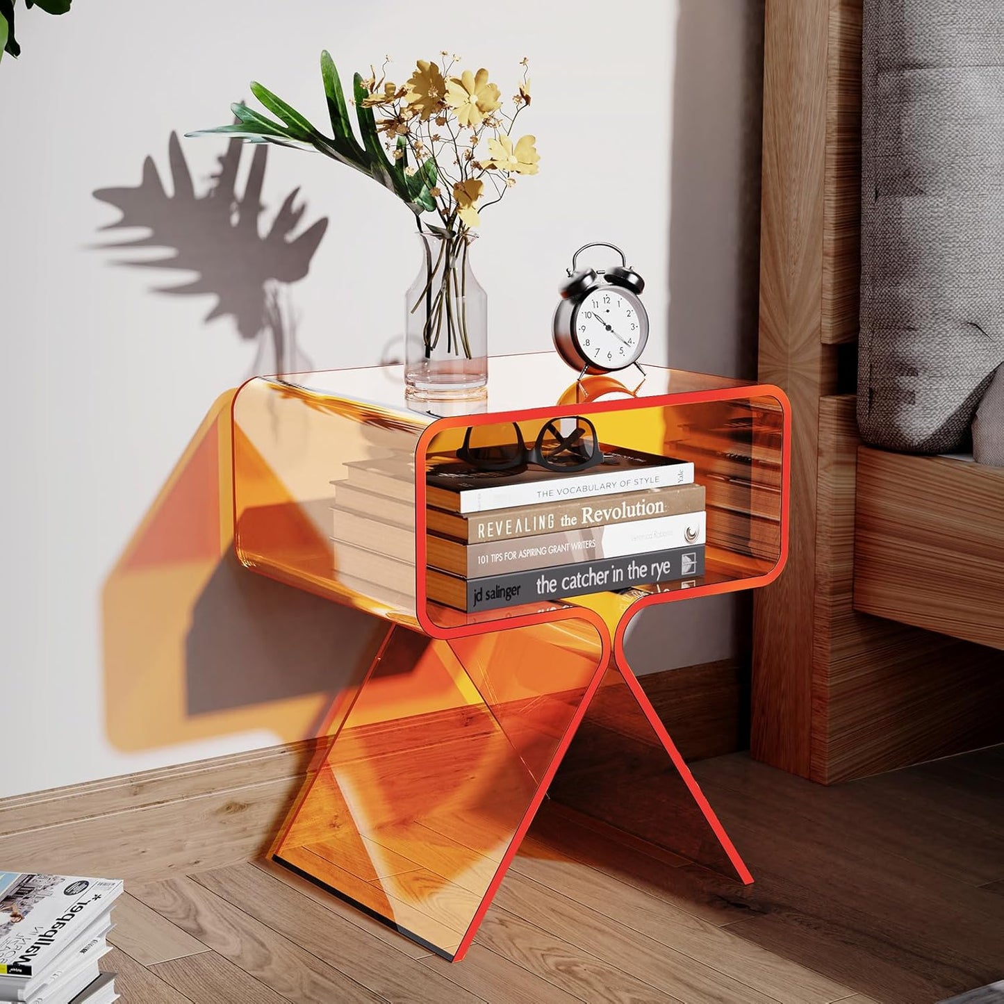 Acrylic Nightstand Side Table Modern Design Clear Home Decor Display End Table for Living Room (Orange)