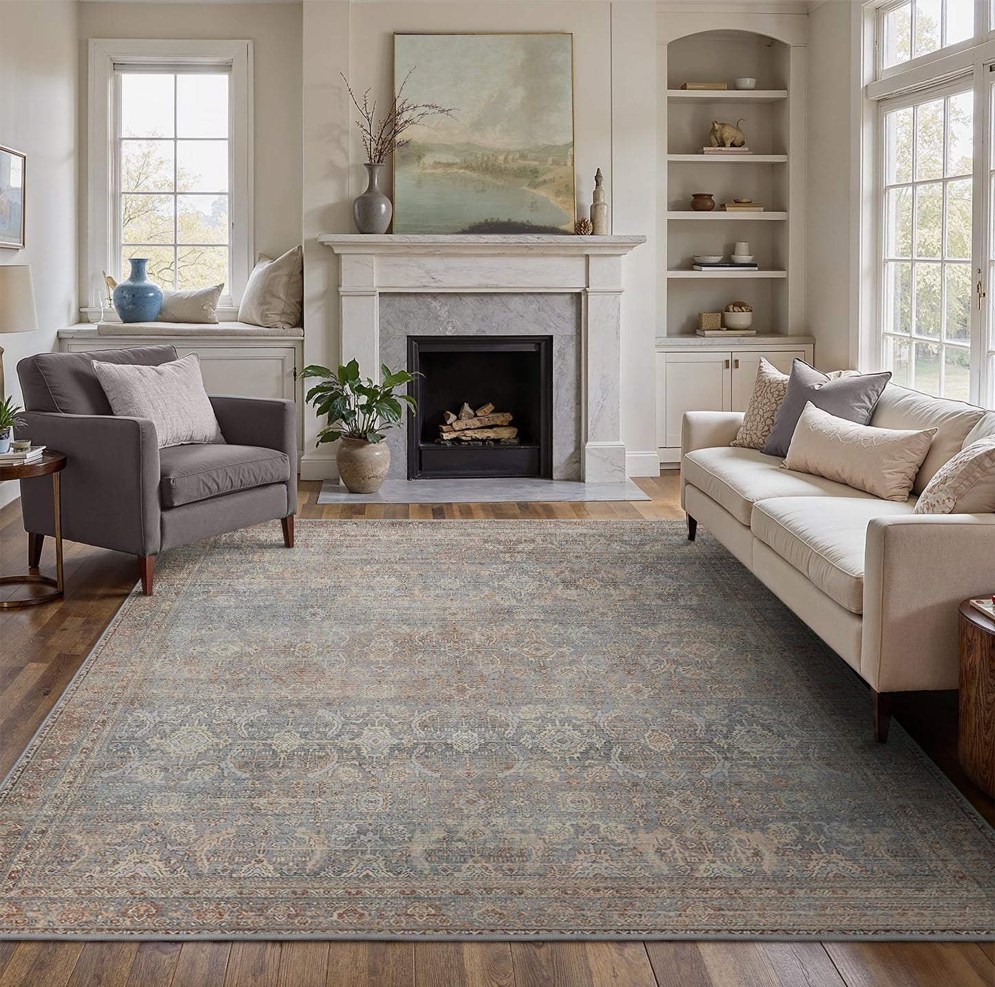 9X12 Area Rugs Machine Washable Rugs for Living Room, Vintage Boho Large Rugs for Bedroom Dining Room, Non Slip Indoor Soft Distressed Lightweight Thin Low Pile Carpet, Dusty Blue