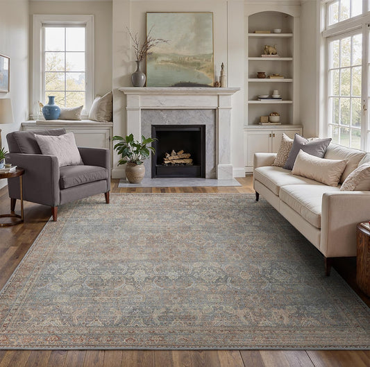 9X12 Area Rugs Machine Washable Rugs for Living Room, Vintage Boho Large Rugs for Bedroom Dining Room, Non Slip Indoor Soft Distressed Lightweight Thin Low Pile Carpet, Dusty Blue