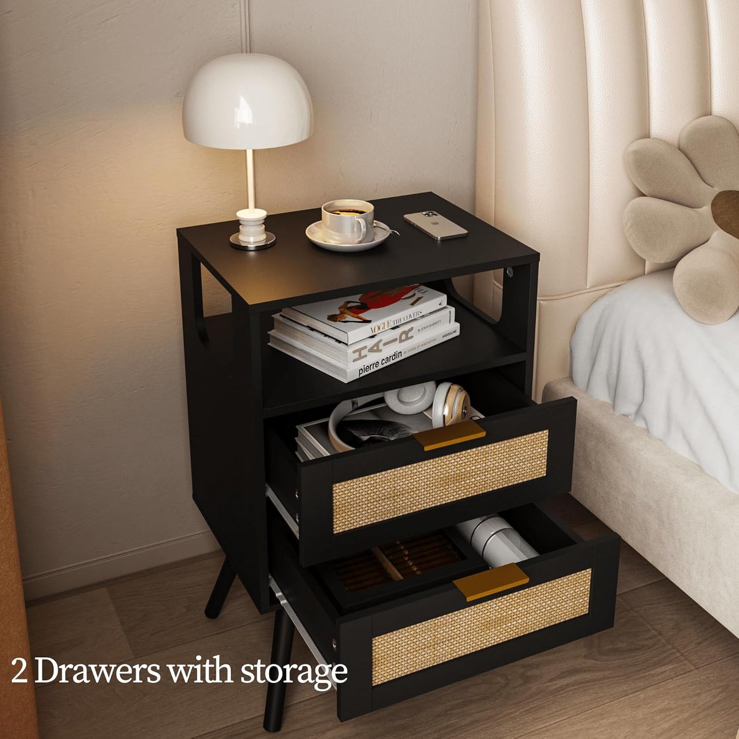 Rattan Nightstand,Farmhouse Bedside Table with 2 Storage Drawer and Open Wood Shelf, for Bedroom and Small Spaces,Night Stand with Solid Wood Legs (Black)