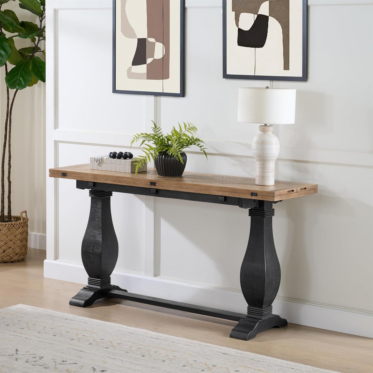 Martin Svensson Home Napa Solid Wood Pedestal Flip-Top Sofa Console Table, Black and Driftwood