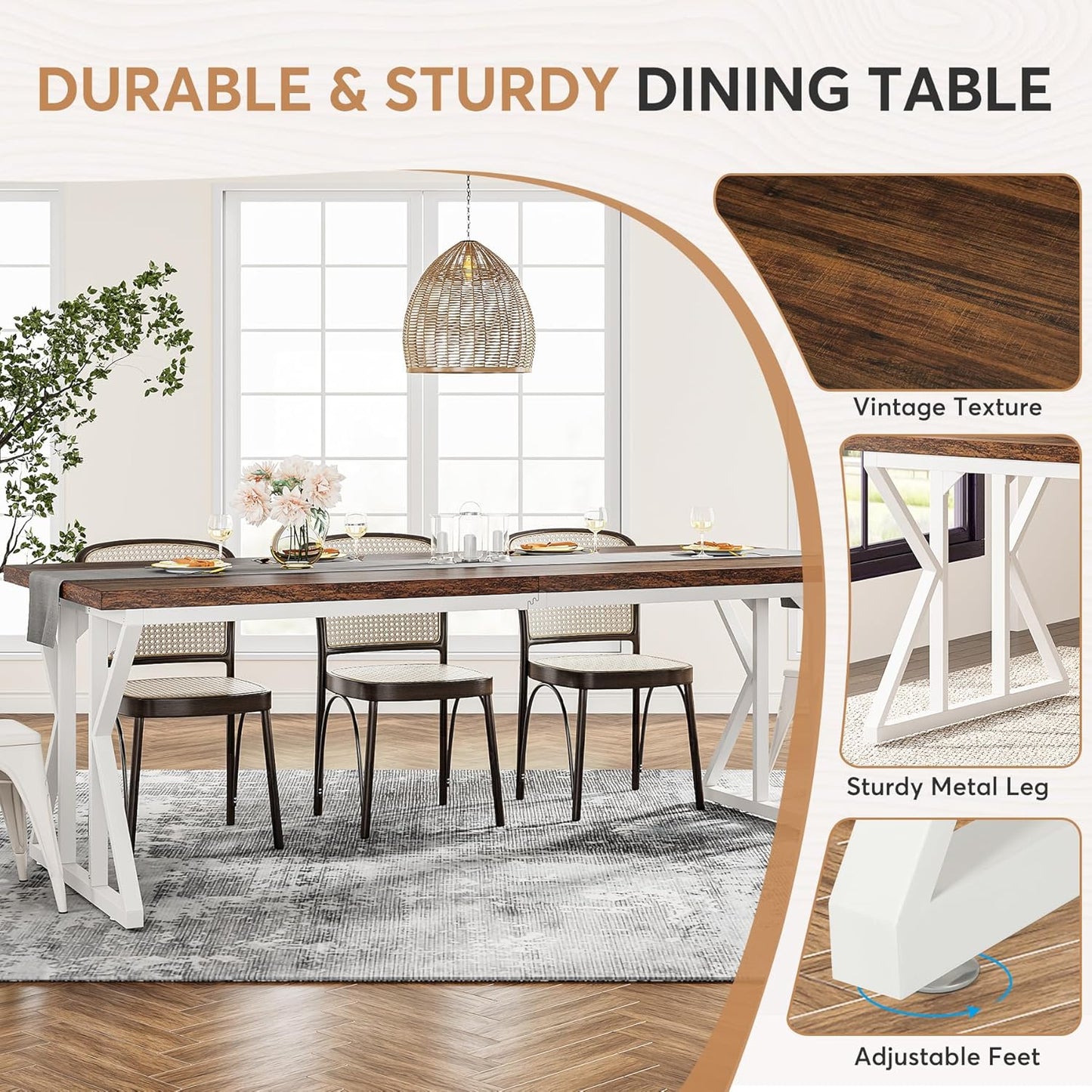 Tribesigns Farmhouse Dining Table for 6-8 People, 78.7-Inch Rectangular Wood Dining Table, Rustic Kitchen Table with Heavy Duty Metal Legs for Dining Room