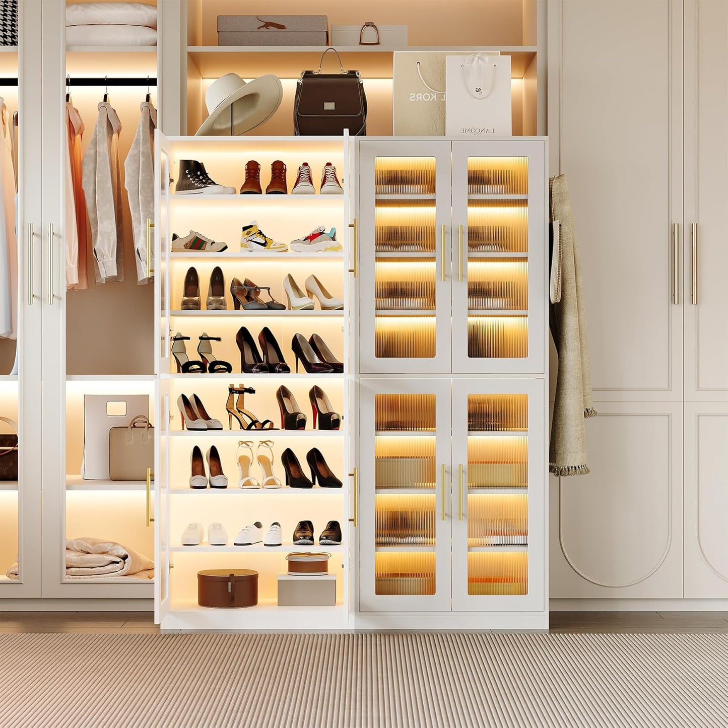 LITTLE TREE Stylish 8-Tier Vertical Shoe Rack with Built-in LED Lighting, Doors for Dust Protection, and Convenient External Hooks, Shoe Cabinet for Entryway, Living Room, Bedroom, White