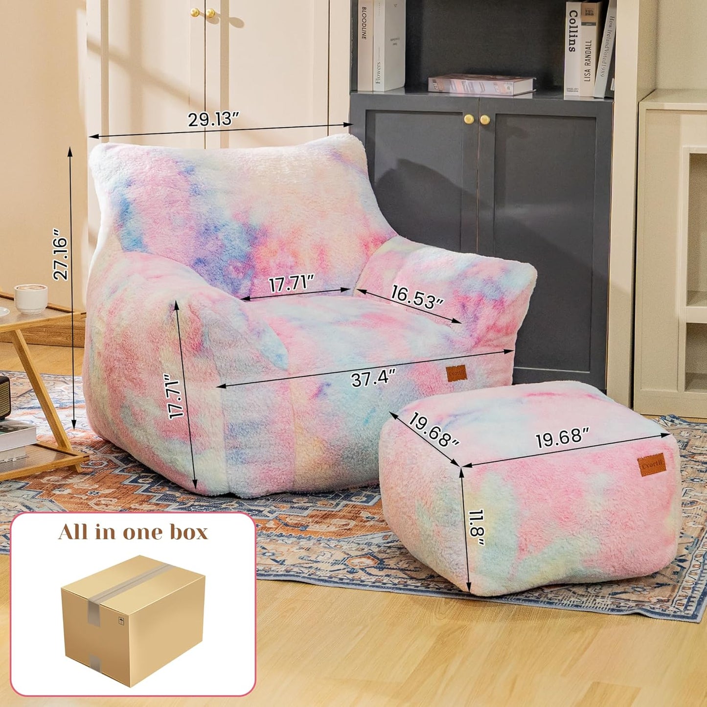 Bean Bag Chair, Sherpa Accent Beanbag Chair and Ottoman Set, Fur Faux BeanBag Chair with Memory Foam Filled, Lazy Sofa Comfy Cozy BeanBag Chair for Dorm, Apartment, Living Room (Colorful)