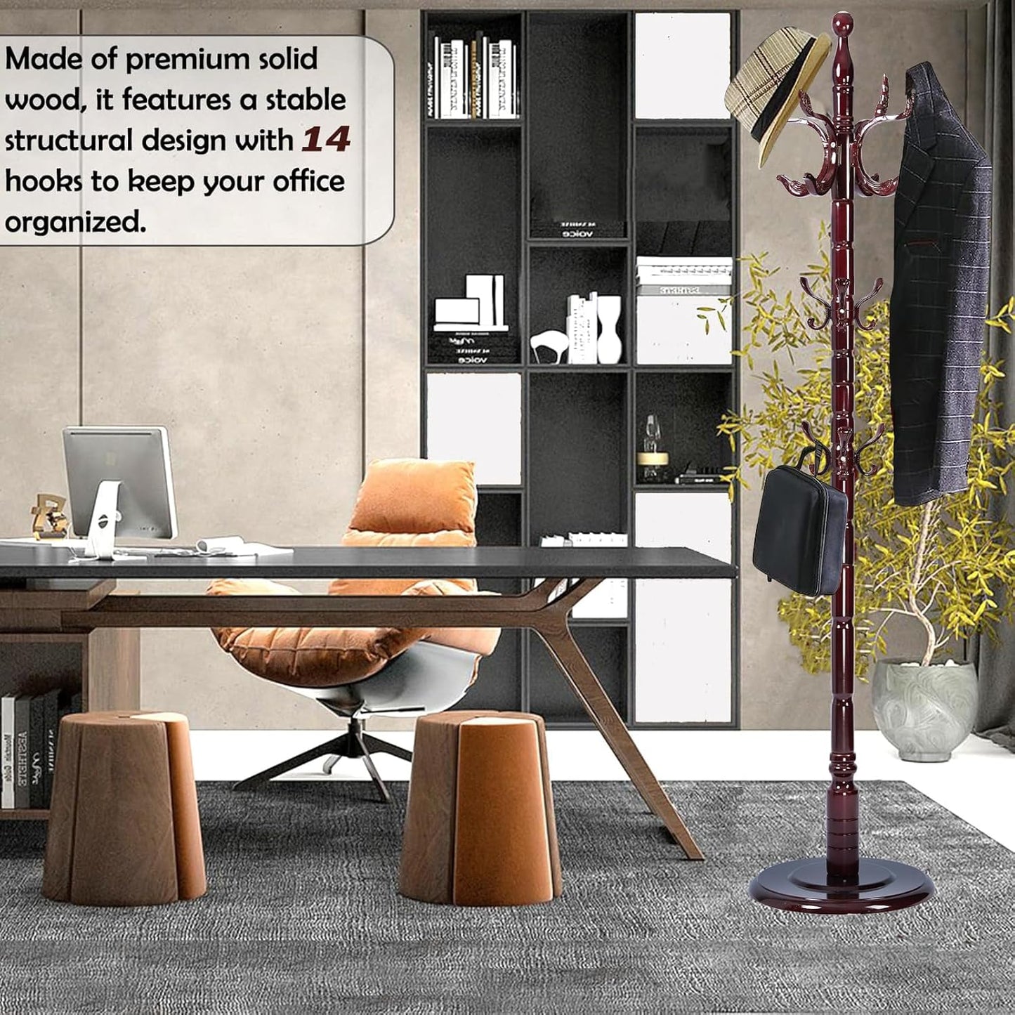 Coat Racks Free Standing with 14 Hooks, Natural Wood Coat Stands for Entryway, Adjustable Height 72 in Tree Coat Rack Stand for Hallway Home Office Bedroom (Mahogany Phoenix)