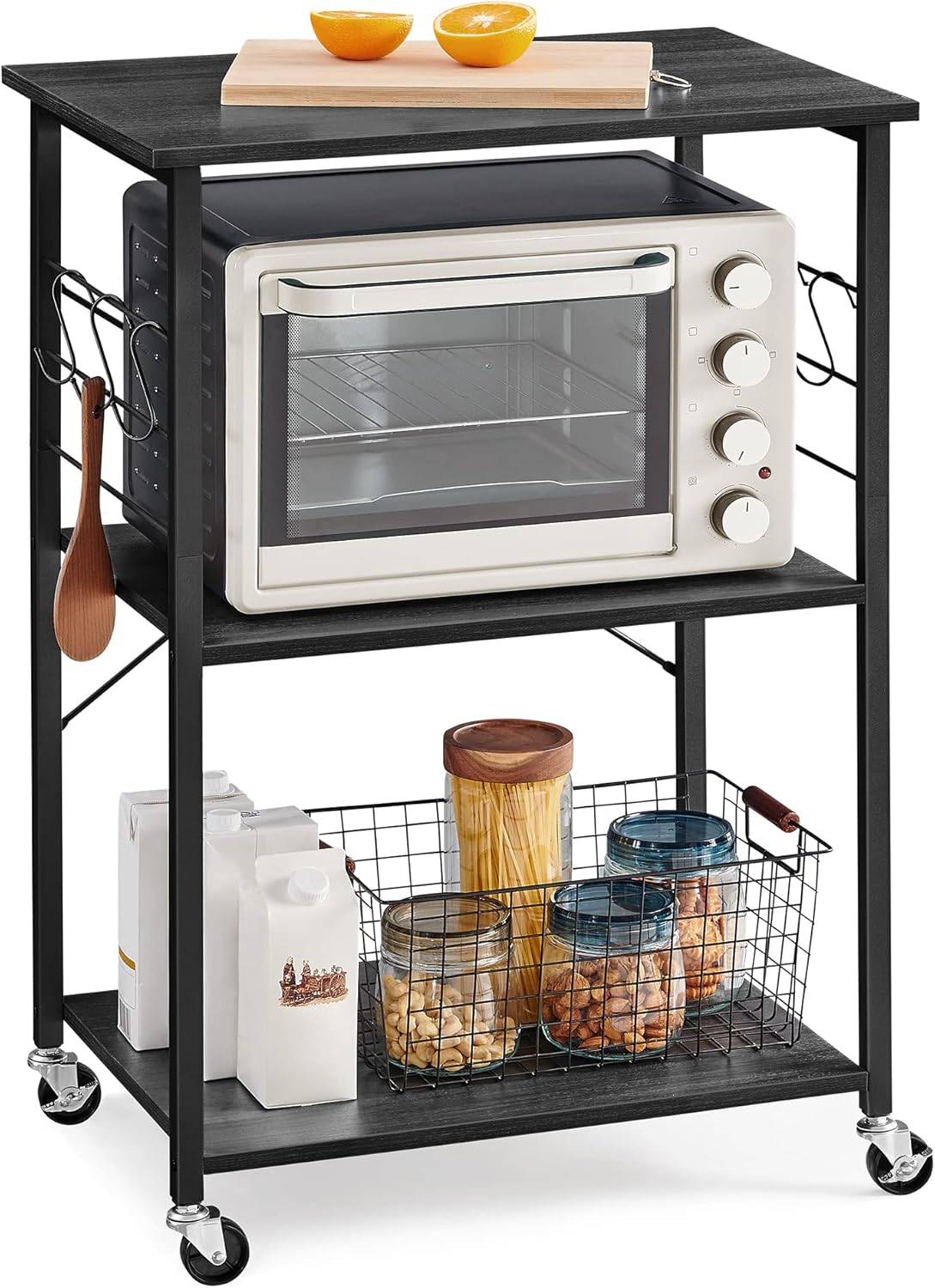 VASAGLE Kitchen Shelf on Wheels, Serving Cart with 3 Shelves, Kitchen Cart, Microwave Shelf, for Mini Oven, Toaster, with 6 Hooks, Industrial Stylee, Ebonized Oak Finish and Black UKKS060B42