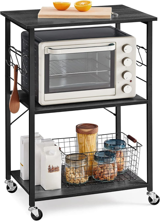 VASAGLE Kitchen Shelf on Wheels, Serving Cart with 3 Shelves, Kitchen Cart, Microwave Shelf, for Mini Oven, Toaster, with 6 Hooks, Industrial Stylee, Ebonized Oak Finish and Black UKKS060B42