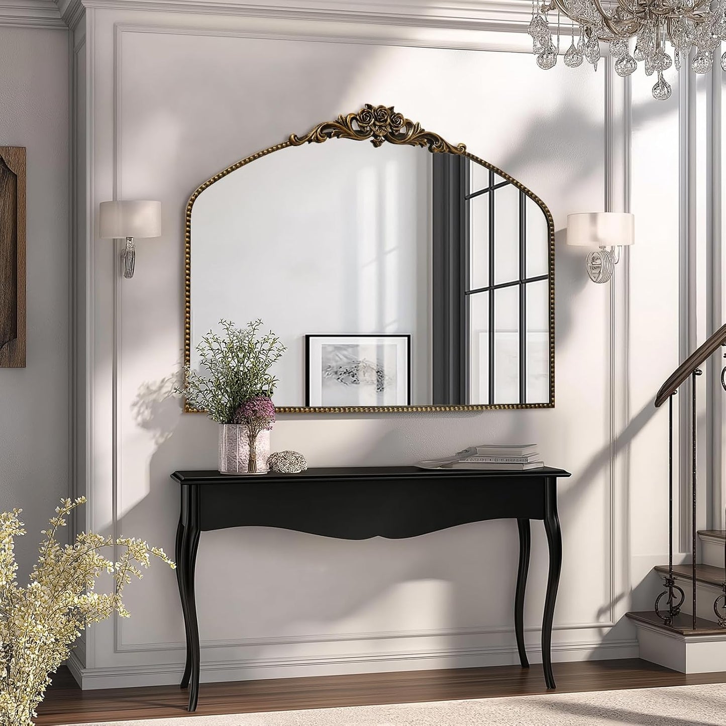 AIXI HOME Black Arched Mirror, 40" x 30" Traditional Vintage Antique Mantel Mirror with Ornate Metal Frame, Baroque Wall Mounted Mirror for Entryway/Fireplace/Hallway/Bathroom/Living Room/Bedroom