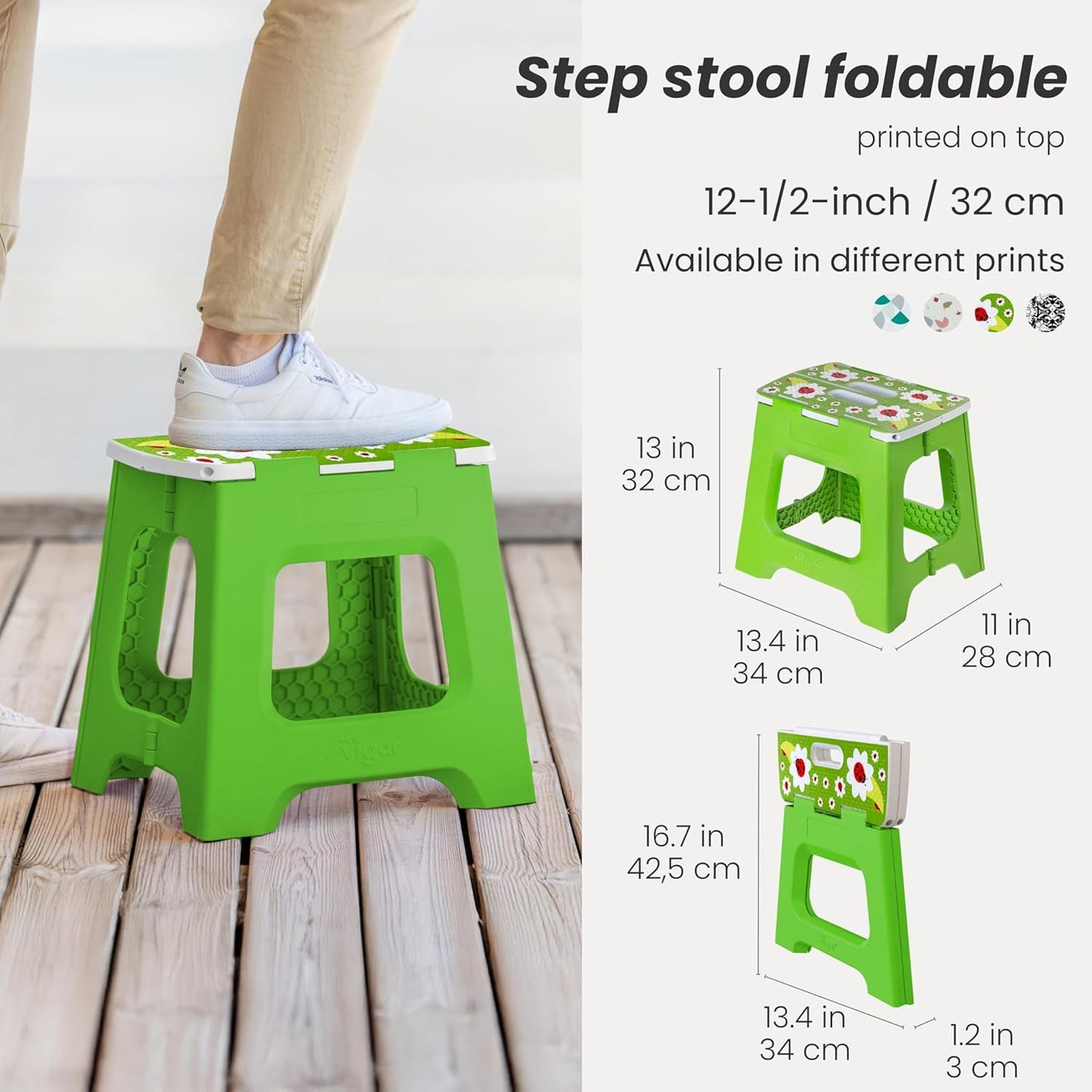 Vigar Compact Step Stool Foldable, 12-1/2-inch Step Stools for Adults up to 330 Pound, Lightweight Stool, Non-Slip Folding Step Stool, Ladybug on Top