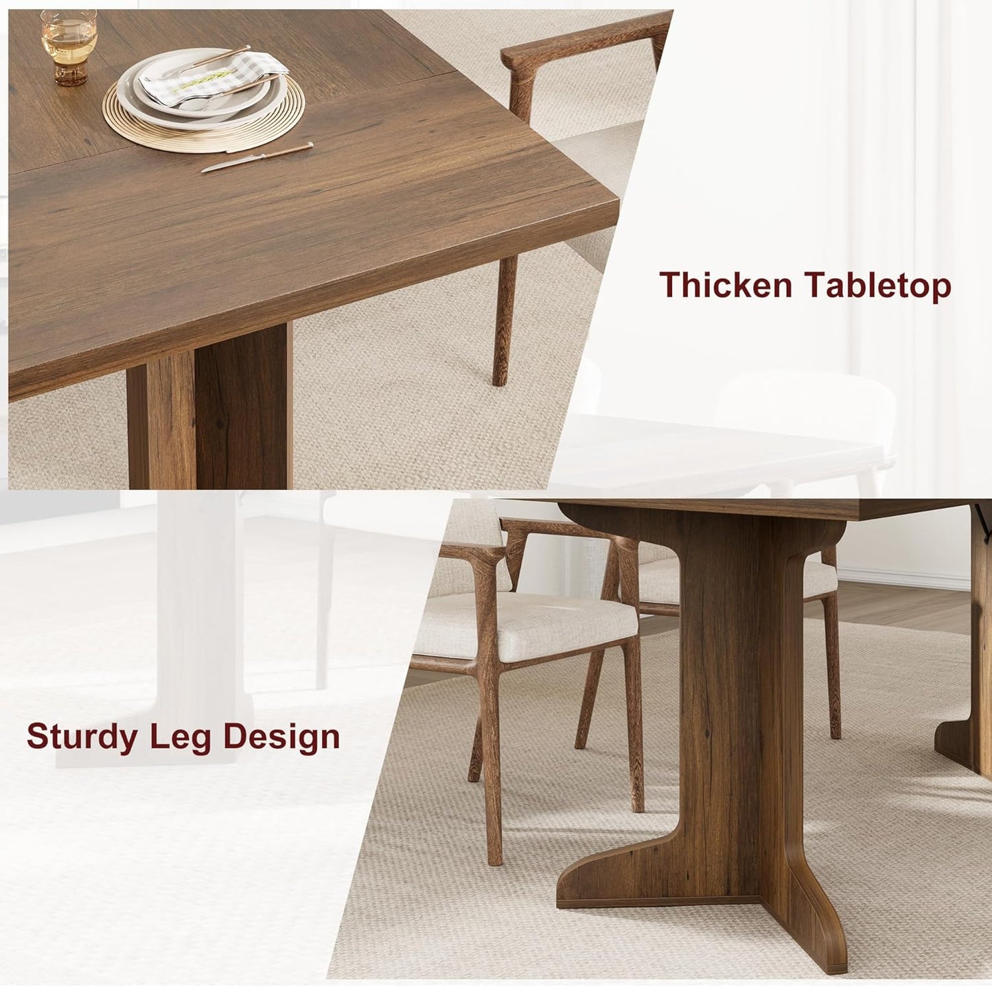 71" Large Dining Table for 6, Farmhouse Kitchen Table with Padded Top and Unique V-Shaped Feet, Rectangular Wooden Dining Table for 8 People for Home, Dining Room, Kitchen, Office, Walnut