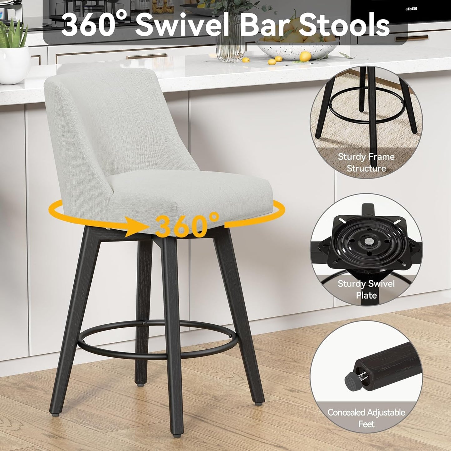Counter Height Swivel Bar Stools Set of 3, 26 Inch Bar Stools with Footrest, Linen Fabric Upholstered Barstools with Back and Solid Wood Legs for Kitchen Island, Dining Room,Pub,White