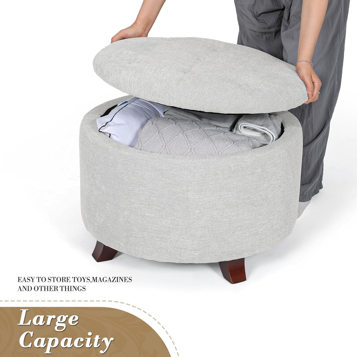 Athena Collection 24.5 Inch Small Ottoman with Storage, Round Linen Fabric Storage Ottoman Foot Rest with Removable Lid, Multipurpose Footstool Footrest for Livingroom, Bedroom, Dorm, Grey