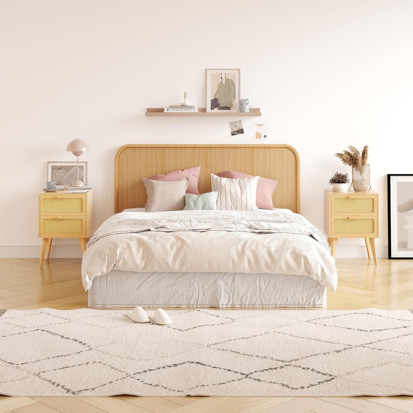 Rattan Nightstand Set of 2,Side Table with Hand Made Rattan Decorated Drawers,Boho Bedside Table,Wood Accent Table with Storage for Small Space,Livingroom, Bedroom, Natural CTG59Y-2