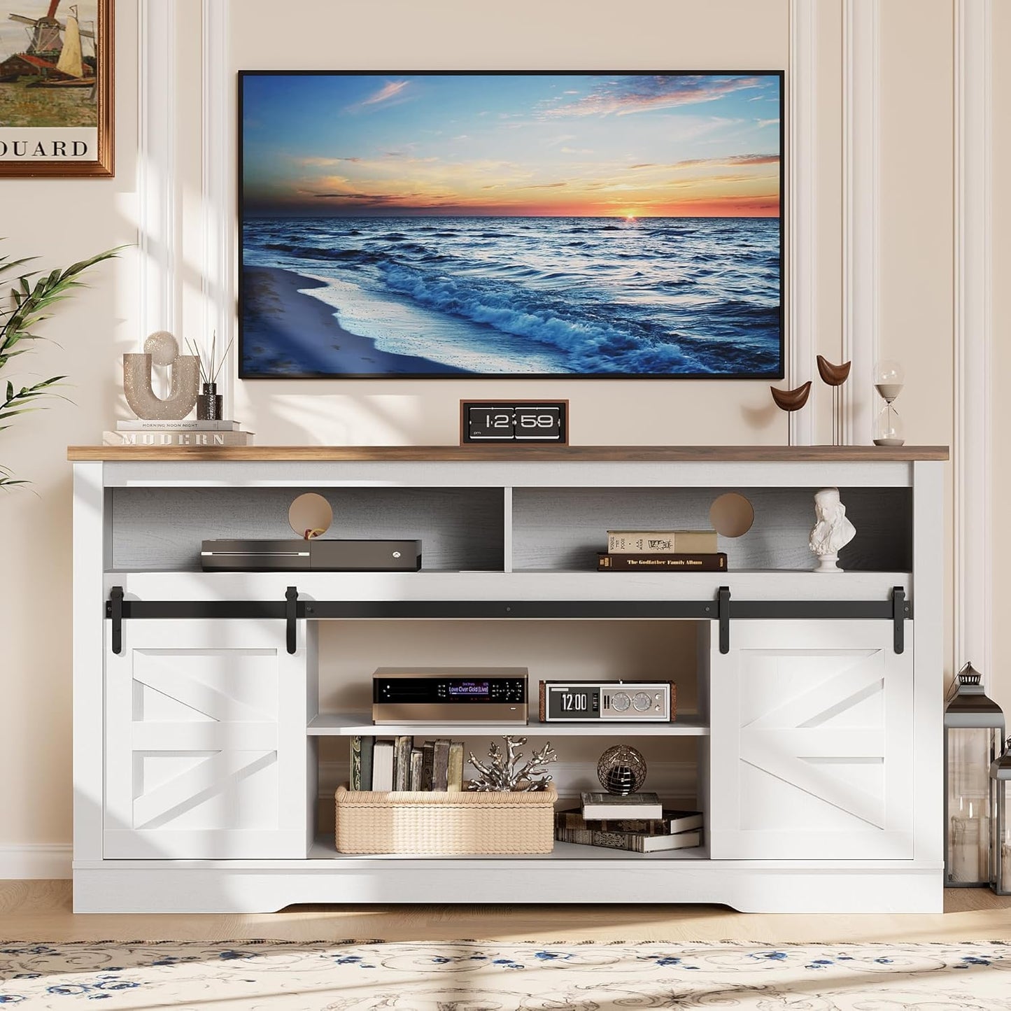 YESHOMY Fireplace TV Stand for Television up to 65+ Inch with Storage and Farmhouse Sliding Barn Doors, Entertainment Center with Cabinet and Shelves, Media Console for Living Room, White