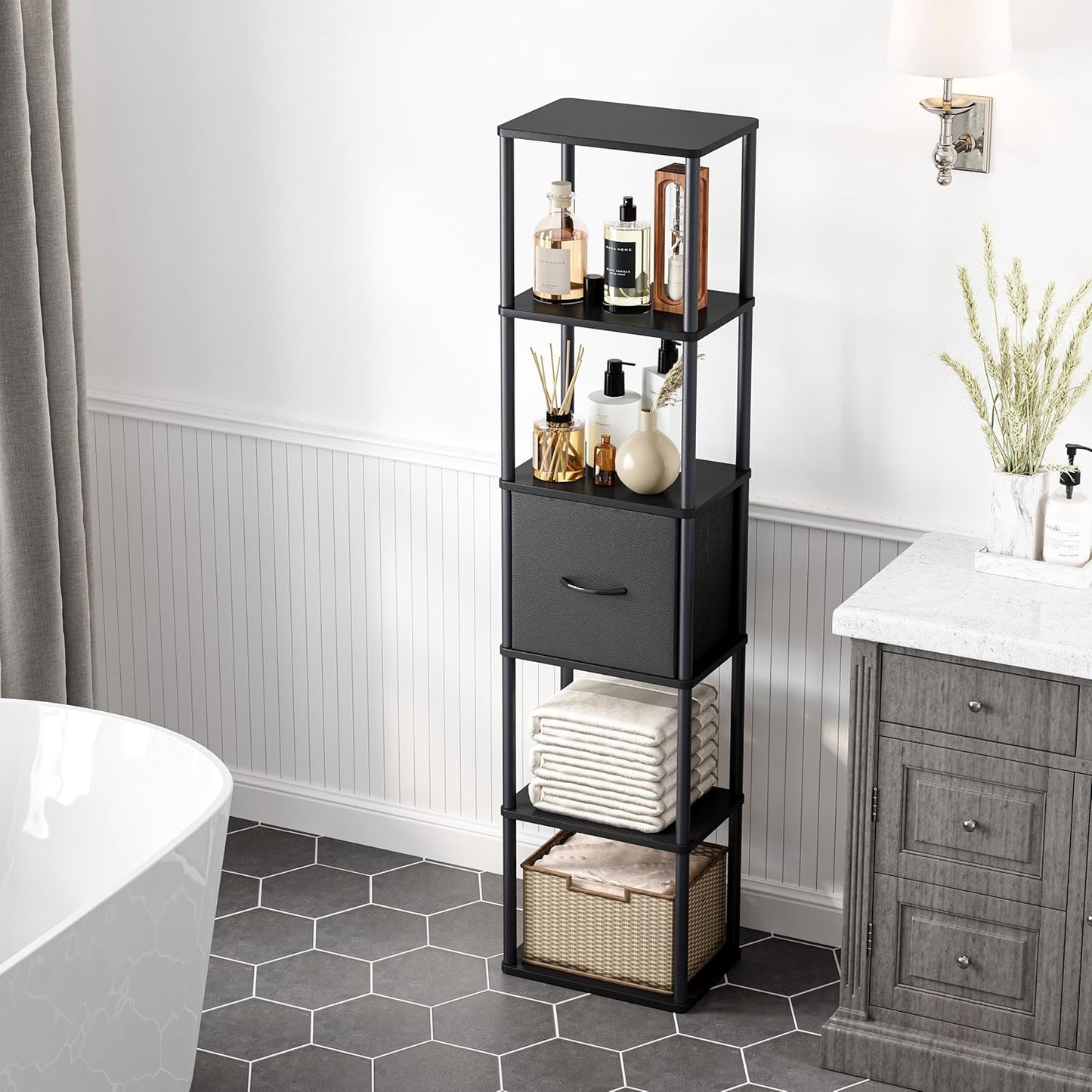 6-Tier Bookshelf with Drawer, Narrow Bookshelves Organizer, Floor Standing Ladder Shelf, Tall Bookcase for Small Space, Book shelf with Storage for Living Room, Bedroom, Office, Study Black HBC505B