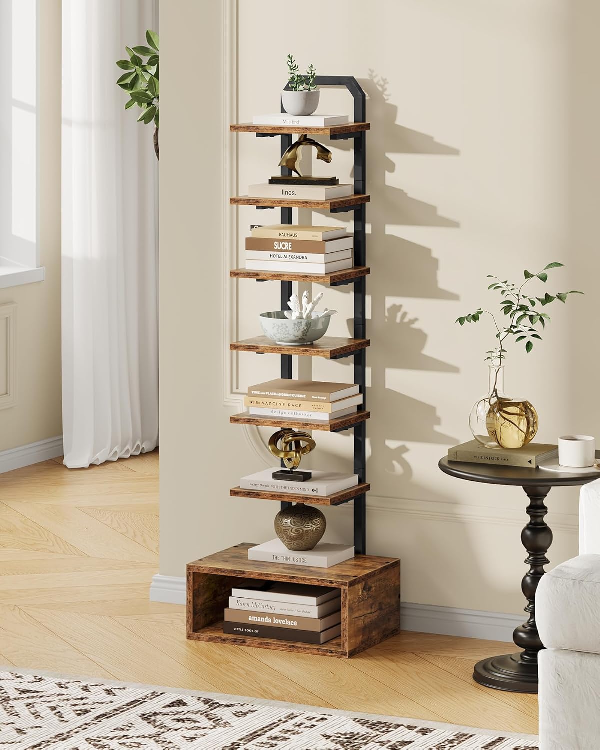 8-Tier Bookshelf, LED Bookcase with Semi-Open Bottom, Small Space Standing Shelf with Lights, Corner Storage Stand, for Living Room, Home Office, Bedroom, Rustic Brown TSJ08DBF