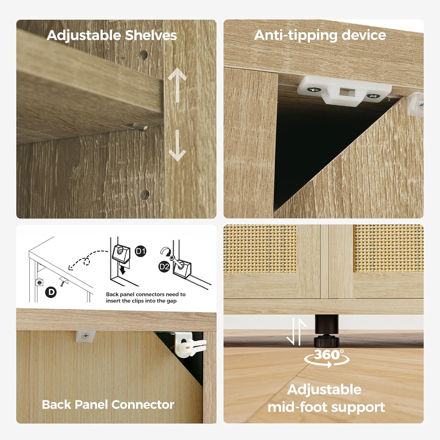 Rattan Buffet Cabinet with Storage, Sideboard with Doors, TV Stand, Farmhouse Side Board Coffee Bar, Modern Wood Storage Cabinets for Livingroom, Kitchen and Dining Room (Oak)
