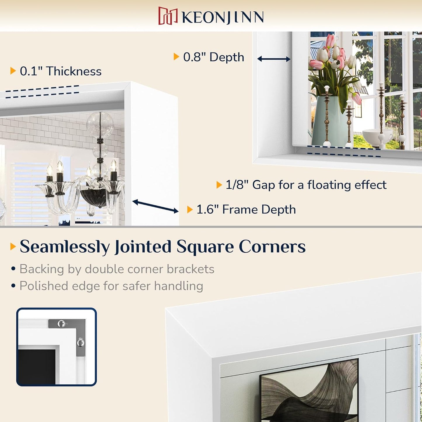 Keonjinn 60 x 36 Inch White Bathroom Mirrors Metal Framed Large Bathroom Mirror for Over Sink Metal Framed Rectangle Wall Mirror Modern Square Corner Matte White Rectangle Mirror(Horizontal/Vertical)