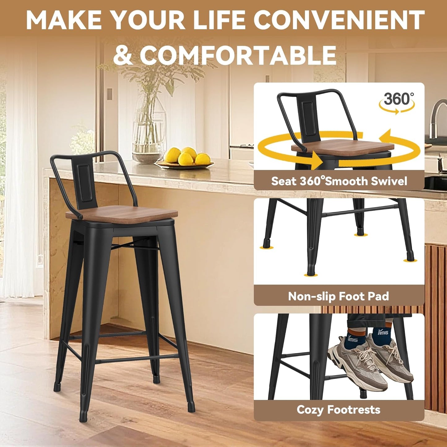 24 Inch Swivel Bar Stools Set of 4 with Backs Counter Height Industrial Metal Barstools Island Bar Chairs for Home Kitchen Dining Room (Swivel 24 inch,Matte Black Wooden)