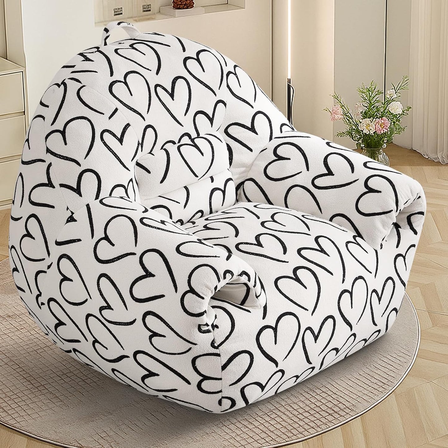DAICO Bean Bag Chairs for Adults, Comfy Bean Bag Sofa Chair with Handle, Single Lazy Floor Sofas Accent Chair with Foam Bean Bag Couch for Living Room Bedroom Reading Gaming, White Cordate