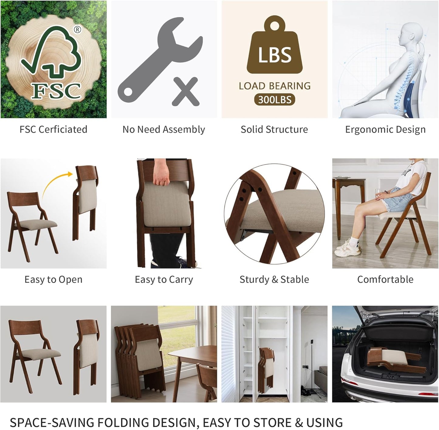 Folding Dining Chairs Set of 2, Upholstered Kitchen Chair with Padded Seat & Wood Backrest, Modern Side-Chair with Wood Legs for Home Office Living Room,No Assembly Needed,Walnut