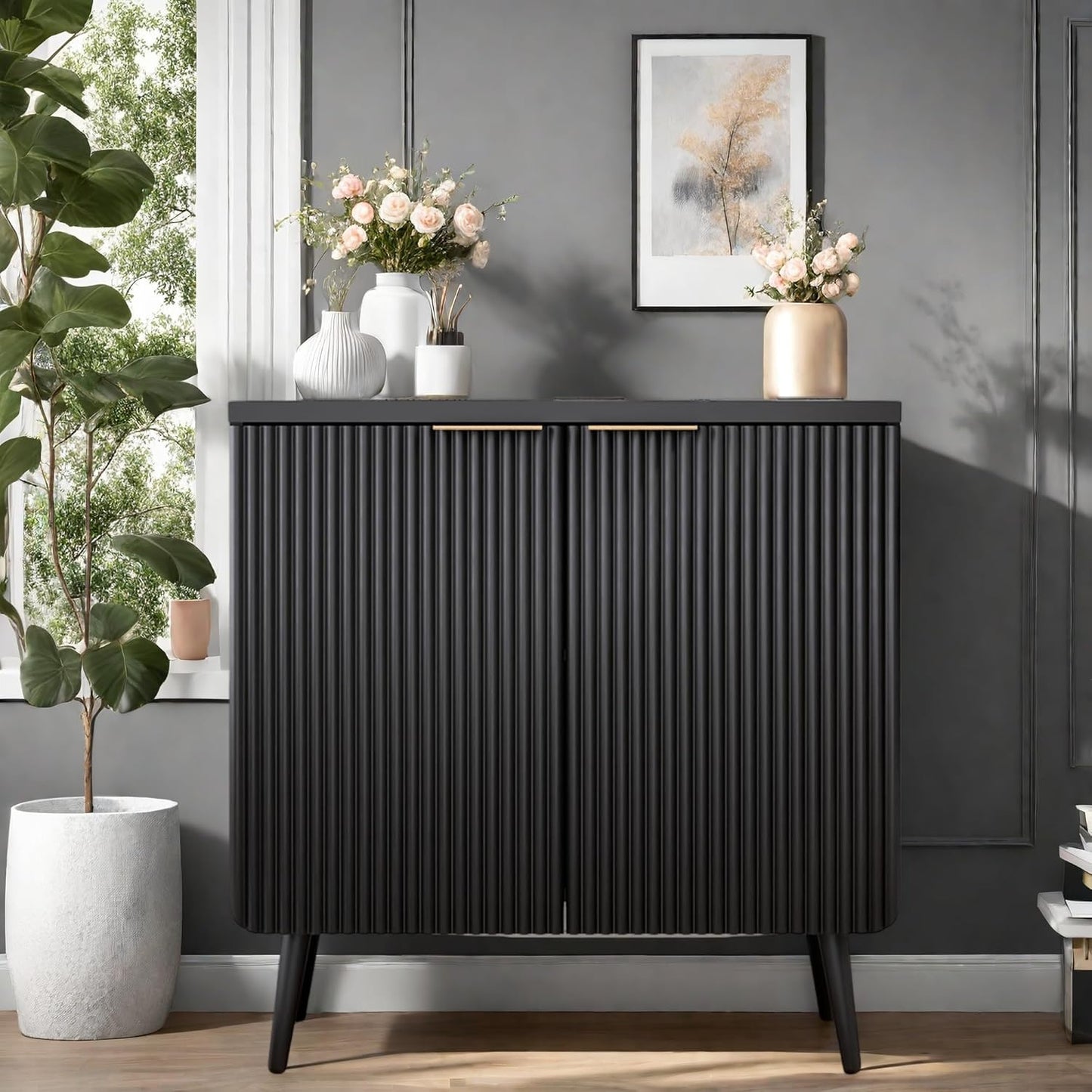 Buffet Cabinet, Sideboard Fluted Cabinet Modern Kitchen Buffet Storage Cabinets with Doors and Shelves, Wood Farmhouse Coffee Bar Station for Entryway & Dining Room & Living Room, Black