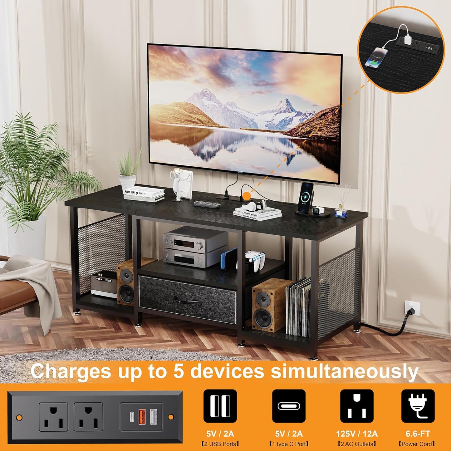 TV Stand with Drawers and Power Outlet for 65 60 55 Inch TV, Entertainment Center with Open Storage Shelves, Industrial Media TV Console Table for Living Room Bedroom Office, Black