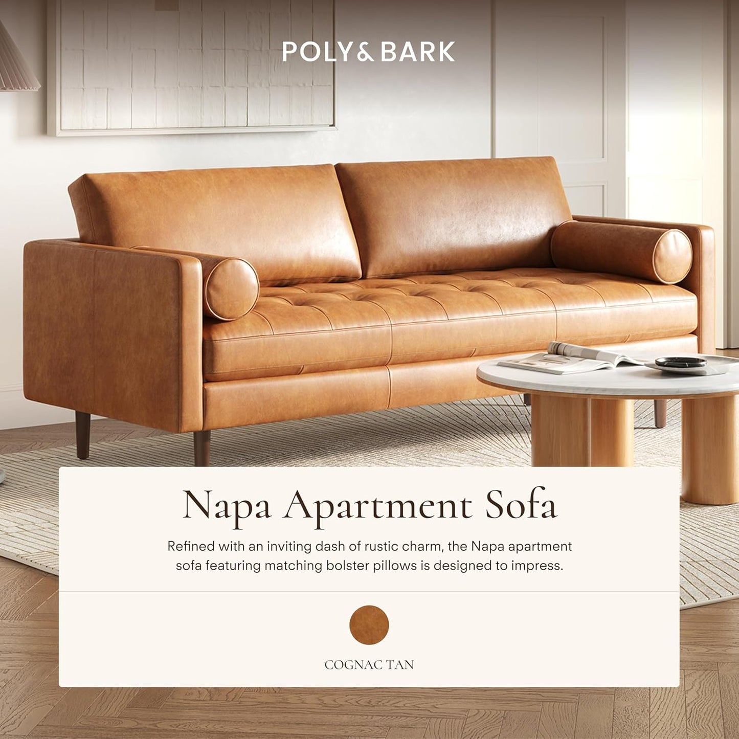 Poly & Bark Napa Leather Couch - 72 Inch Apartment Sofa with 2 Bolsters - Full-Grain Leather Sofa for Living Room with Feather-Down Topper - Living Room Couch - Vintage Italian Leather in Cognac Tan