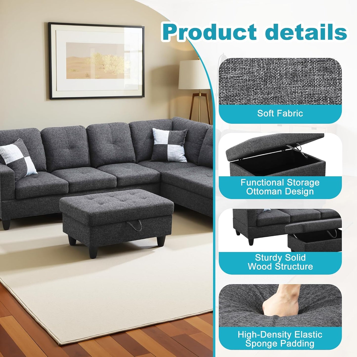 Couches for Living Room Modern L Shaped Couch Comfy Linen Fabric 3 Pieces Sectional Sofa with Chaise, Ottoman with Storage for Office and Small Apartment, Black Grey
