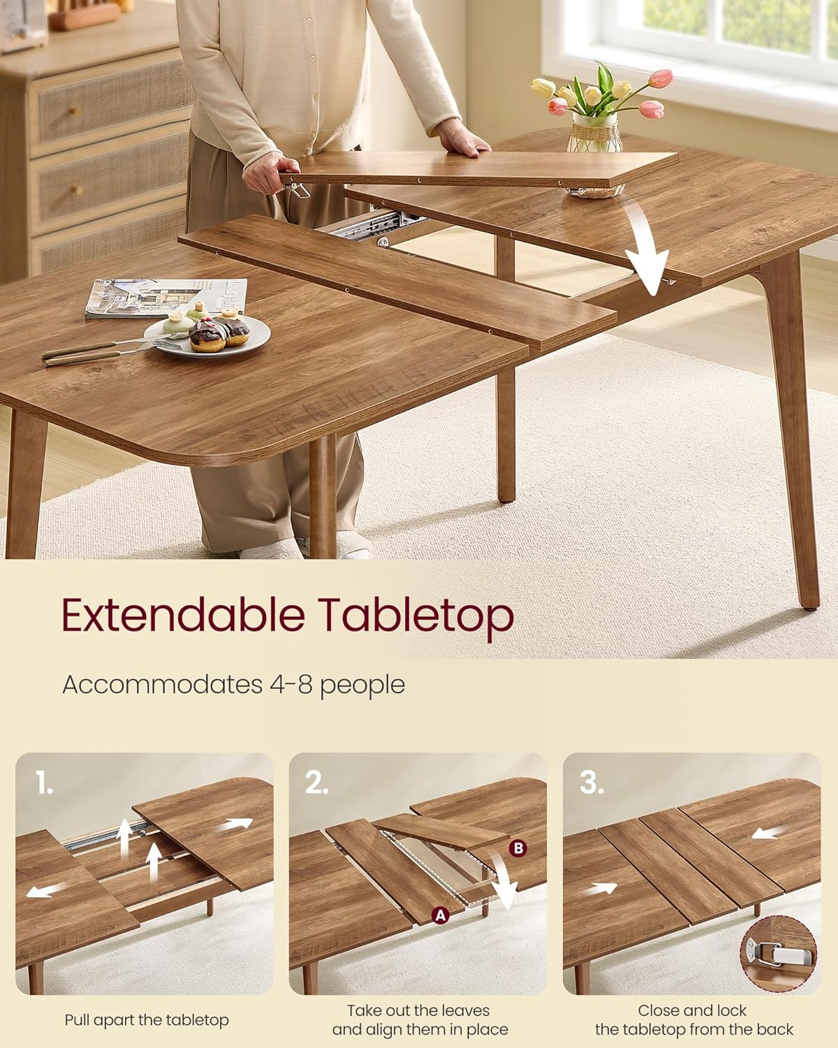 VASAGLE Dining Table for 4/6/8, Extendable Kitchen Table with Tapered Legs, Curved Transitions, for Dining Room, Kitchen, Home Office, Honey Brown UKDT090K01V1